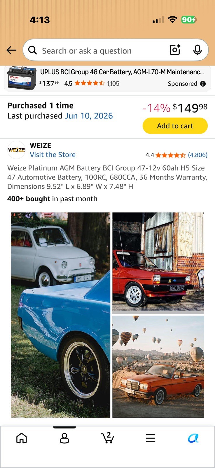 Weize Platinum AGM Battery BCI Group 47-12v 60ah H5 Size 47 Automotive Battery