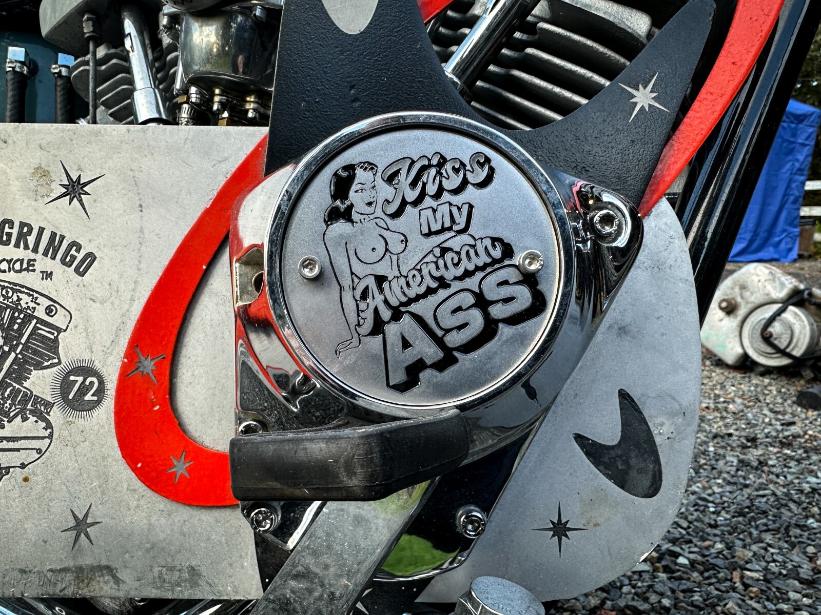 Kiss My American Ass w Titties Evo Shovelhead 2Hole Timing Cover Harley Davidson