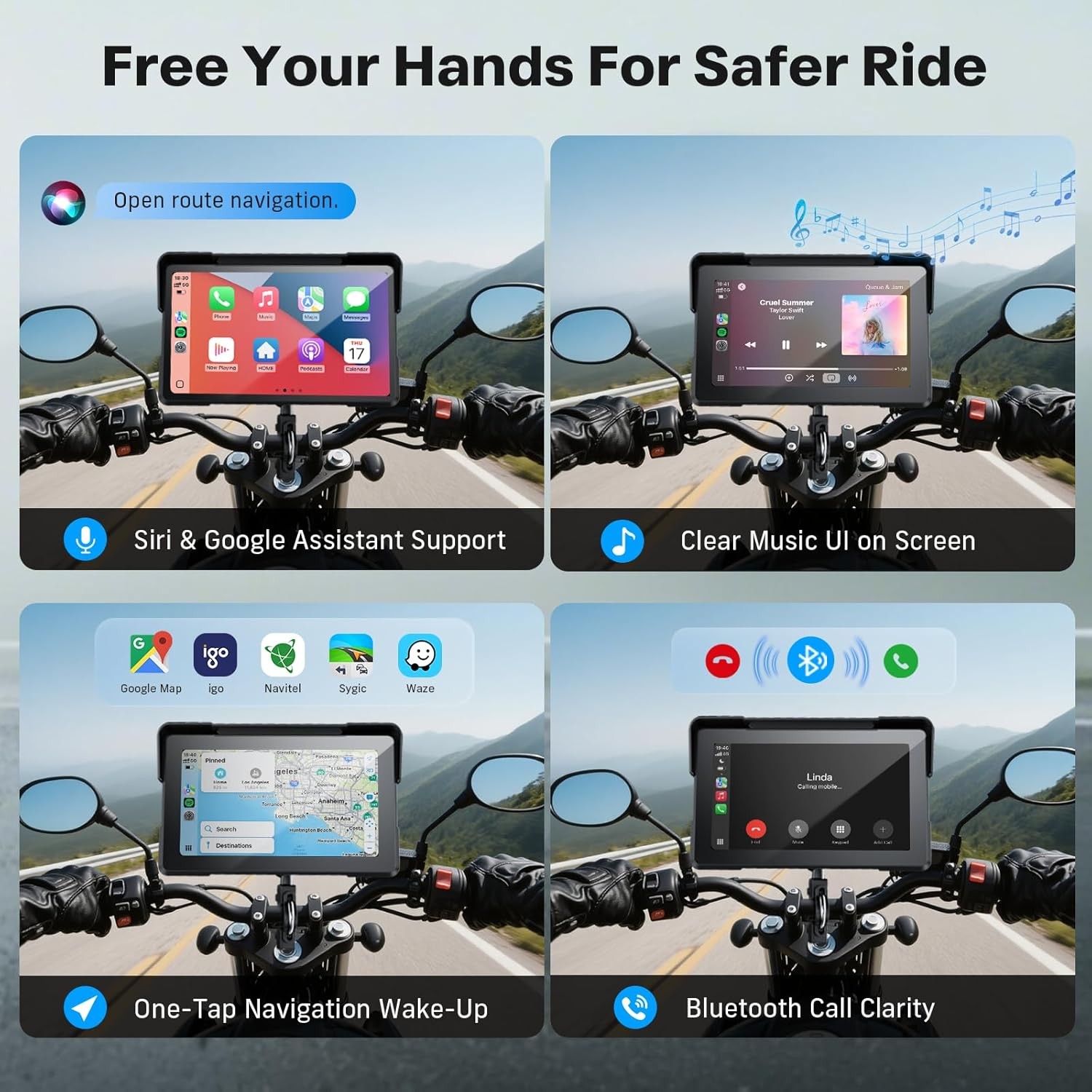 7″ Motorcycle Carplay with TPMS GPS Dual 4K Dash Cam Bluetooth Audio BSD 64GB