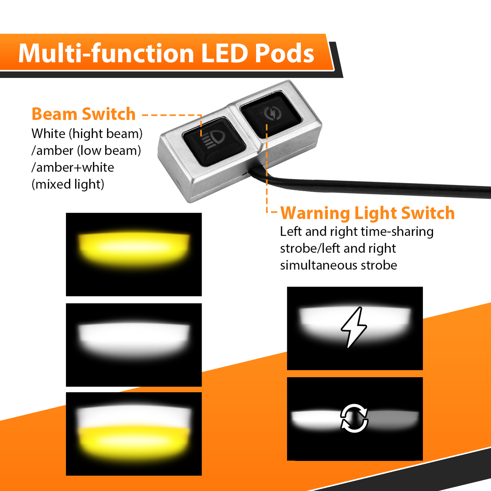 60W Fog LED Auxiliary Driving Amber White Lights Wire Kit for Motorcycle ATV UTV