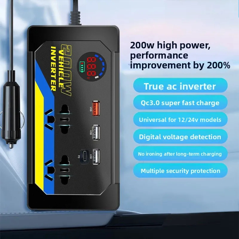 12V 24V DC Car Inverter 200W to 110V 220V AC with 3 USB Ports for Fast Charging