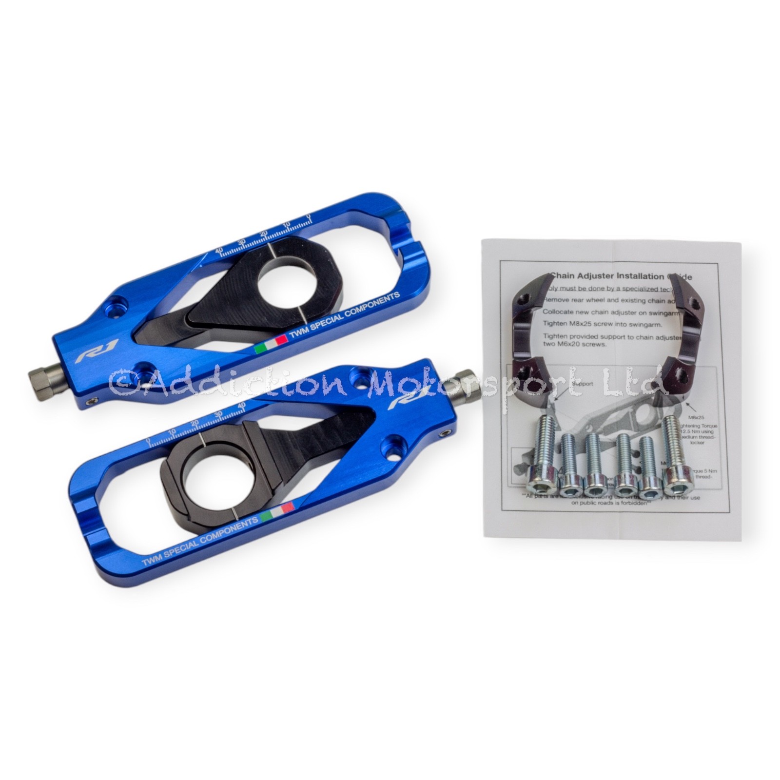 TWM CNC Billet Aluminium Blue Chain Adjuster for Yamaha R1M 2020 – TCY.01.B
