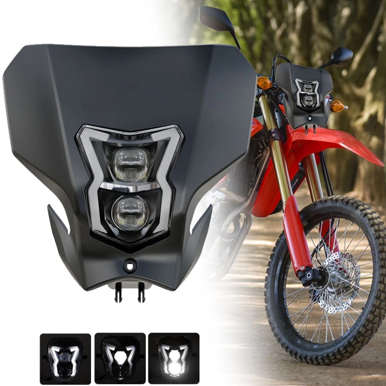 LED Headlight DRL Projectior with Black Mask For Honda CRF450L CRF450RL 2019-24