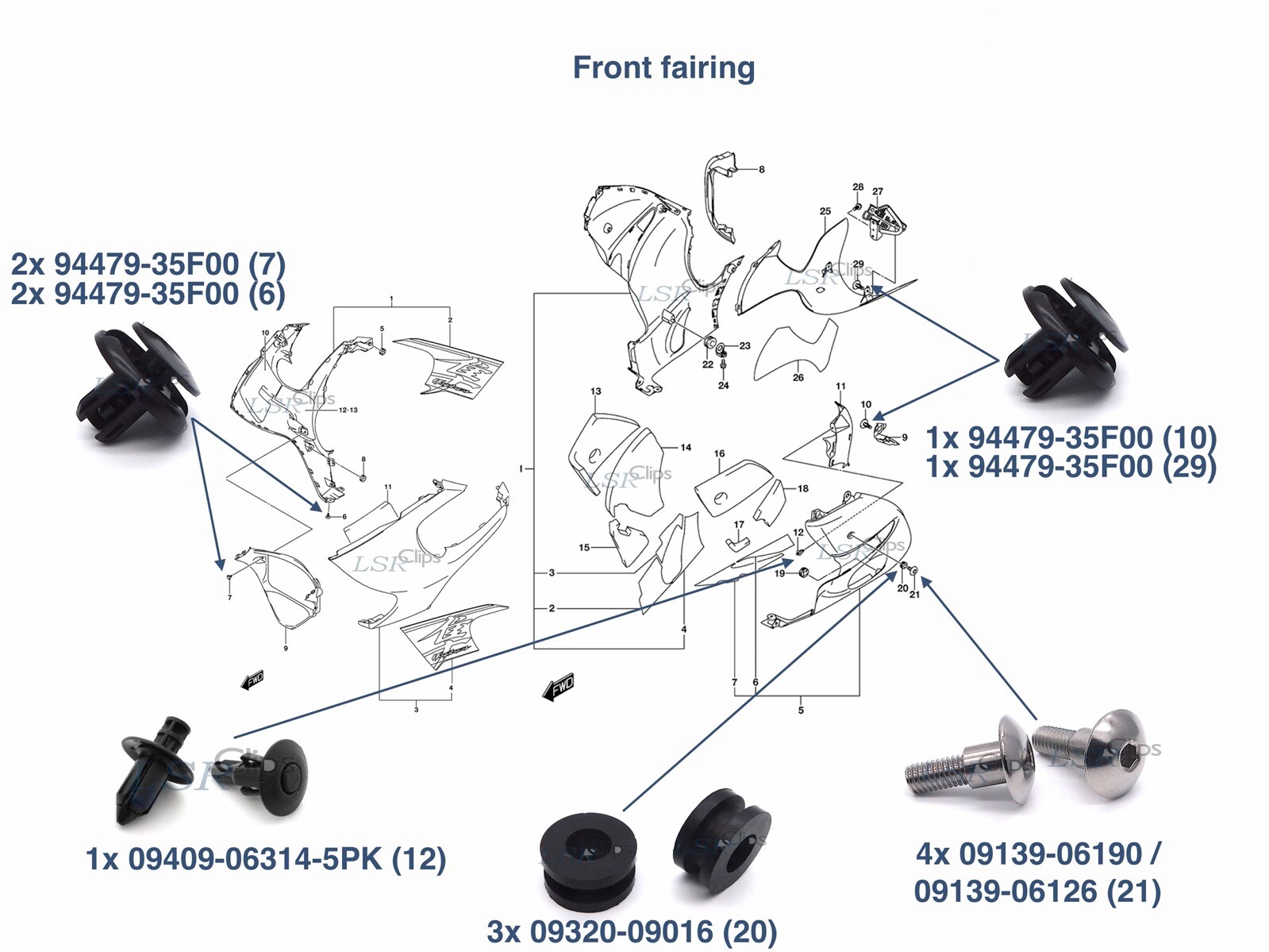 GSX-R 1300 hayabusa 2008-2021 Stainless steel fairing & screen bolts kit & clips