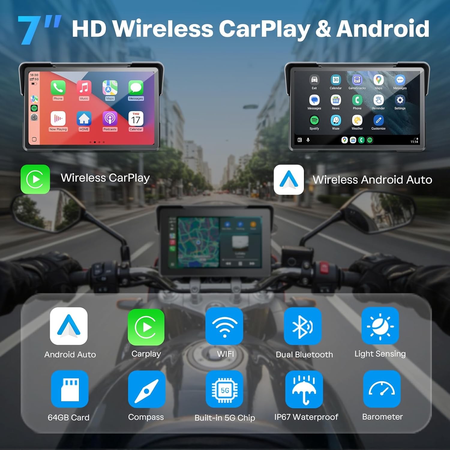 7″ Motorcycle Carplay with TPMS GPS Dual 4K Dash Cam Bluetooth Audio BSD 64GB