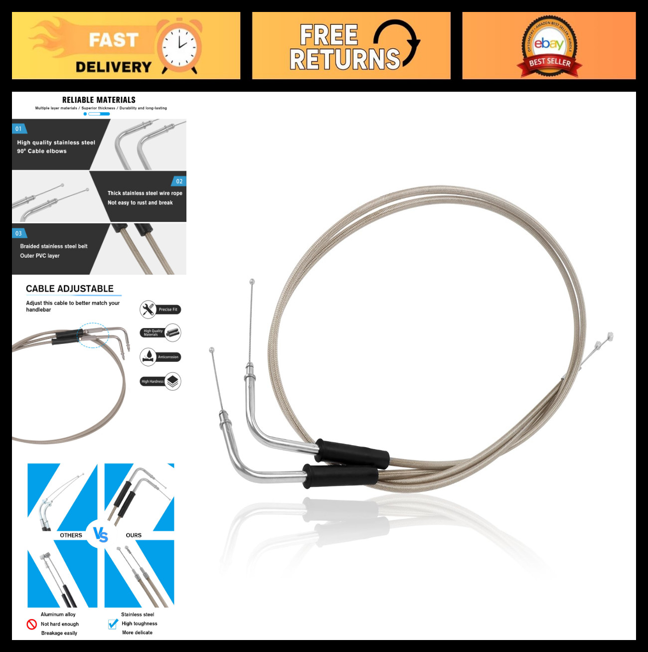Motorcycle Throttle Idle Cable Kit, 51″ Braided Stainless Steel for Harley Touri