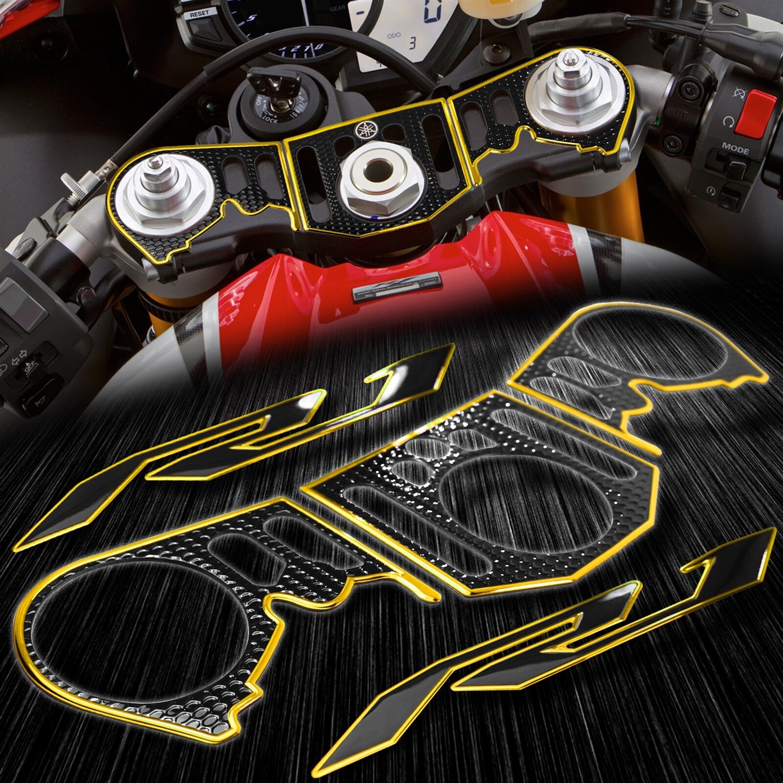 Handle Bar Yoke Cover Black+2-Tone Gold R1 Logo Emblem Sticker Kit 12-14 YZFR1