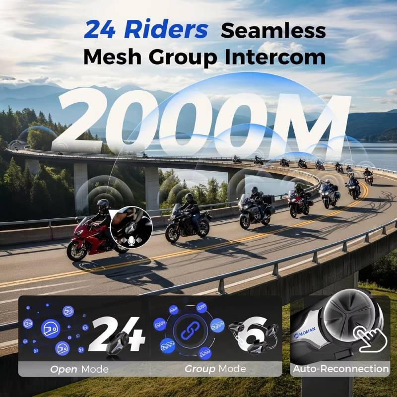 MOMAN CP-X motorcycle intercom, 1000mAh battery, 2000m MESH range