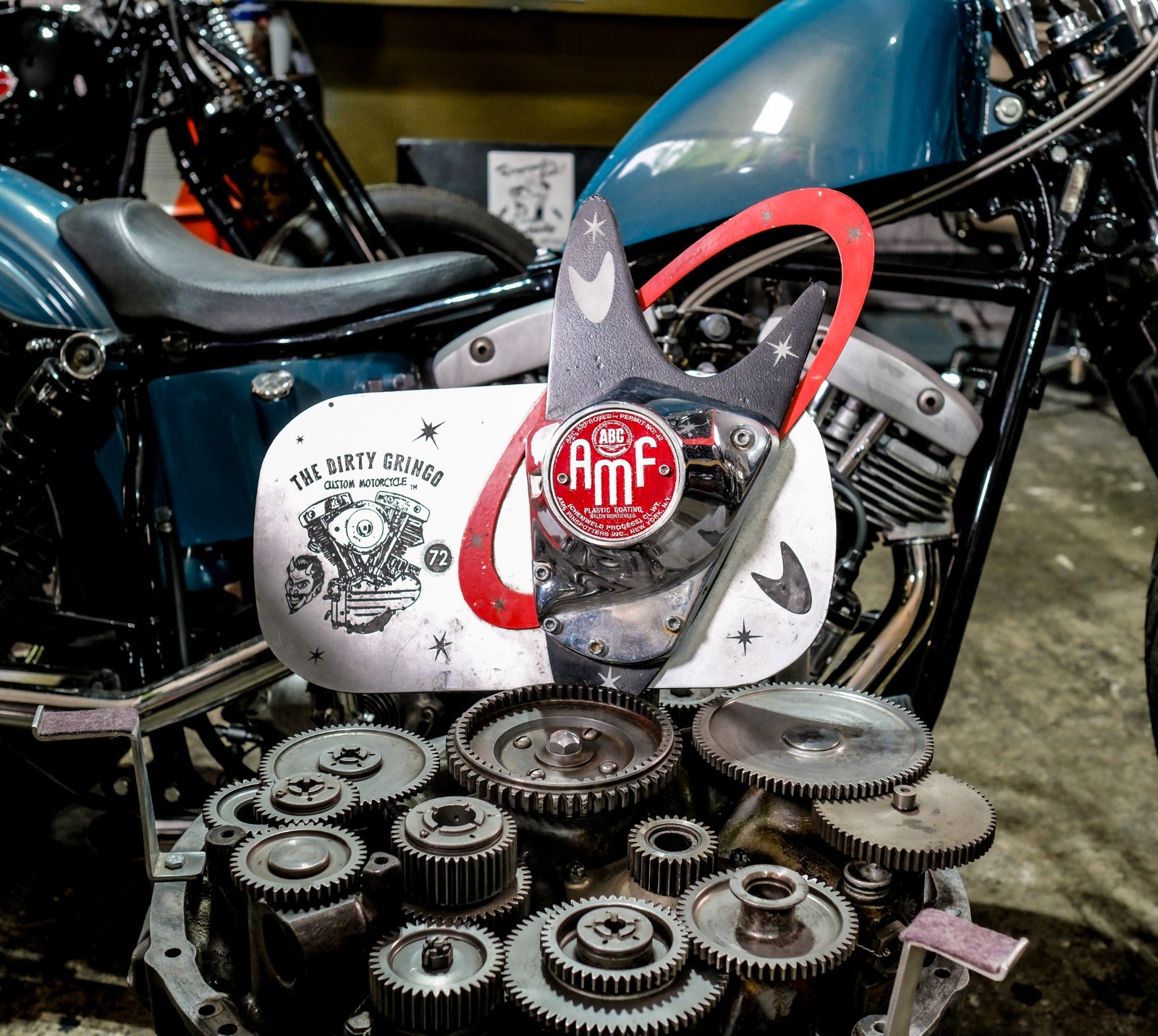 Retro AMF Red Bowling Pin Logo Shovelhead Points Timing Cover Harley Davidson