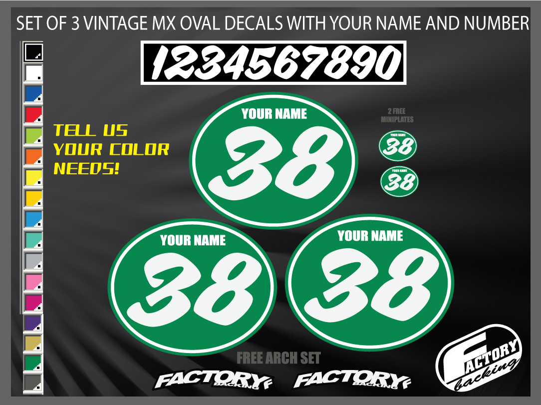 ANY COLORS vintage motocross number plates Sticker Ovals YOUR # YOUR NAME E0FCM