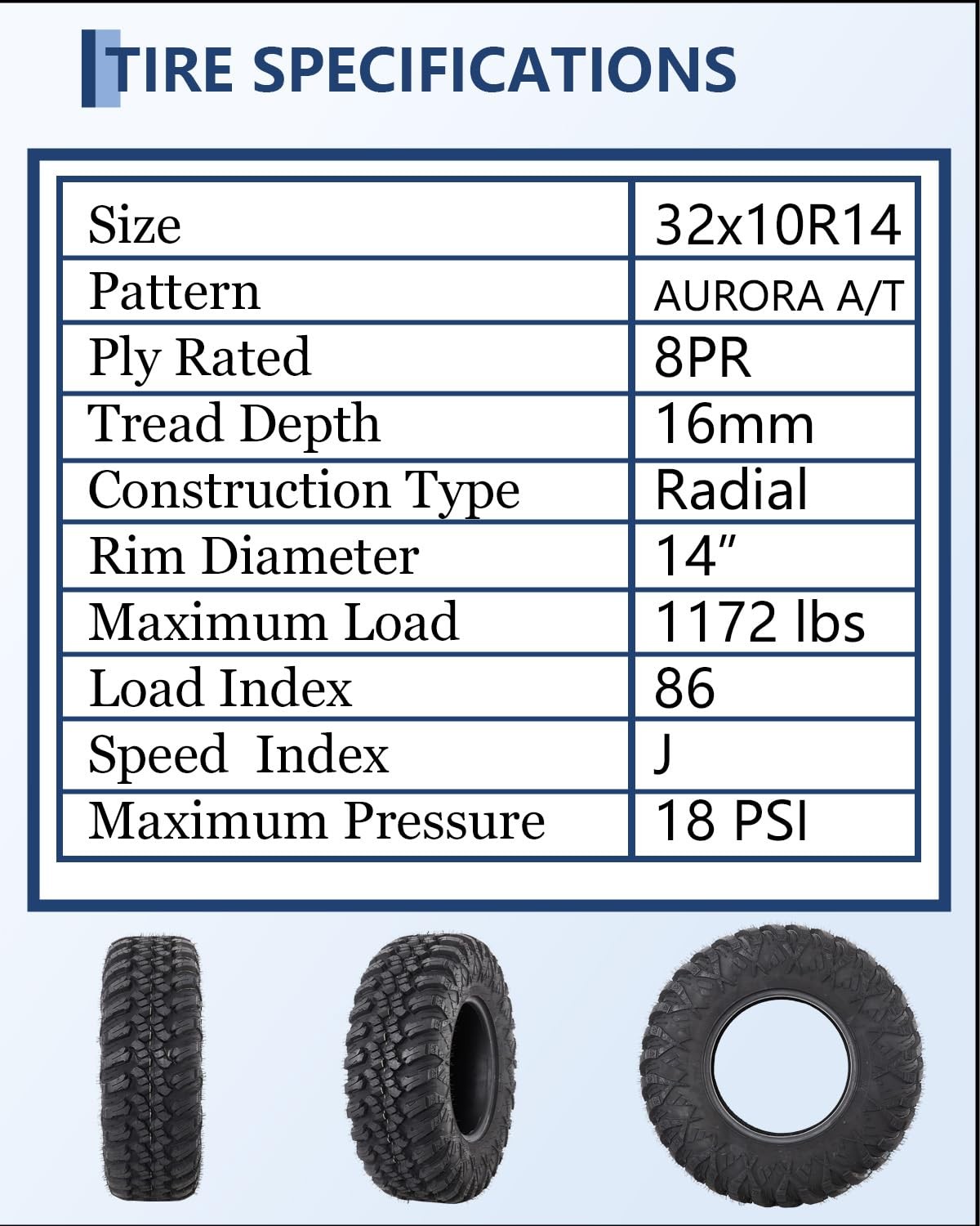 Set of 32x10R14 UTV/ATV Tires, 8-Ply Radial, 16 mm Deep Trea d, 1172 lbs Load 2