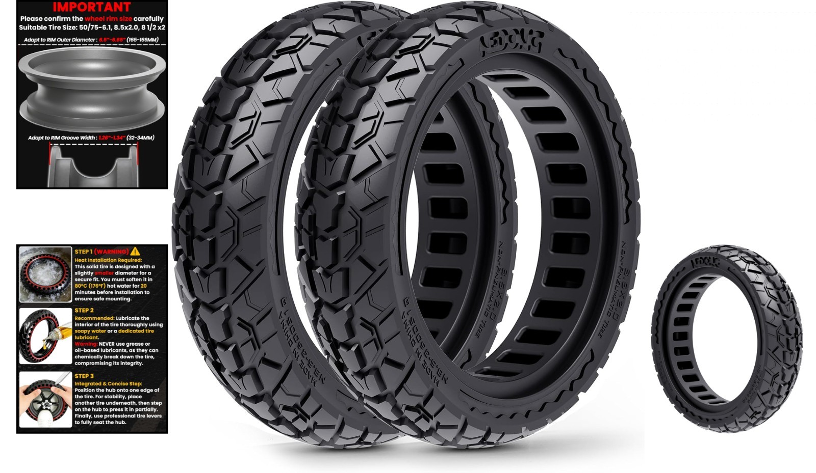 2-Pack 50/75-6.1 Tubeless Scooter Tires, Lightweight & Puncture-Proof Airless…