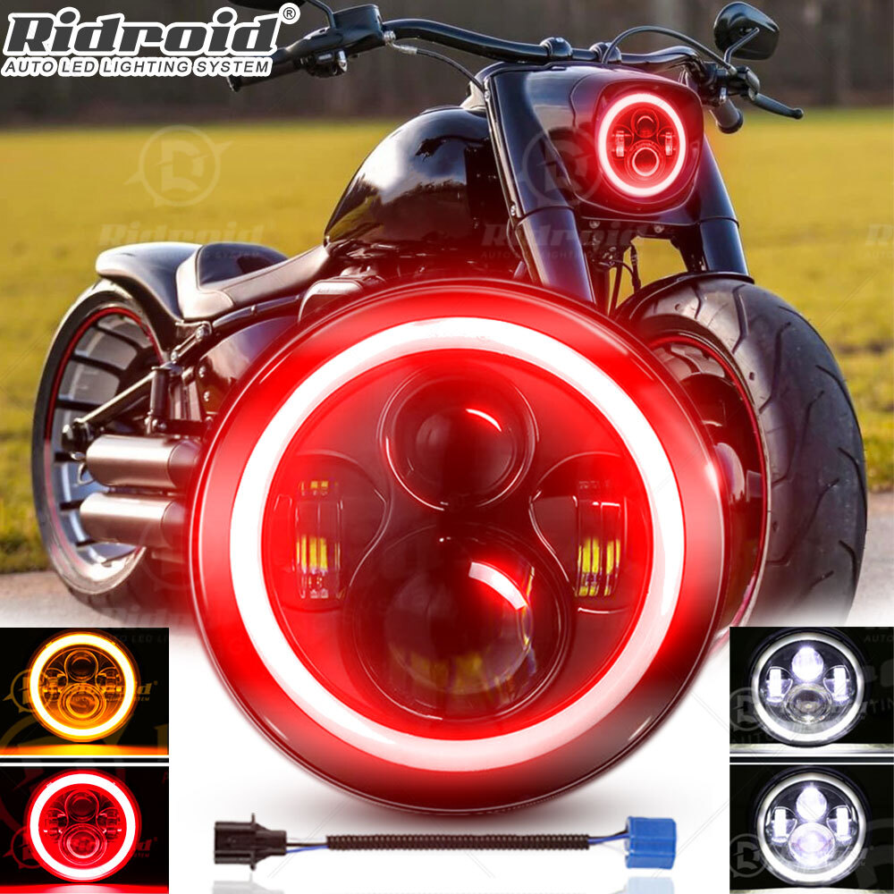 7″ inch Round LED Headlight w/ Red Halo DRL for Harley Davidson Fat Boy FLSTF