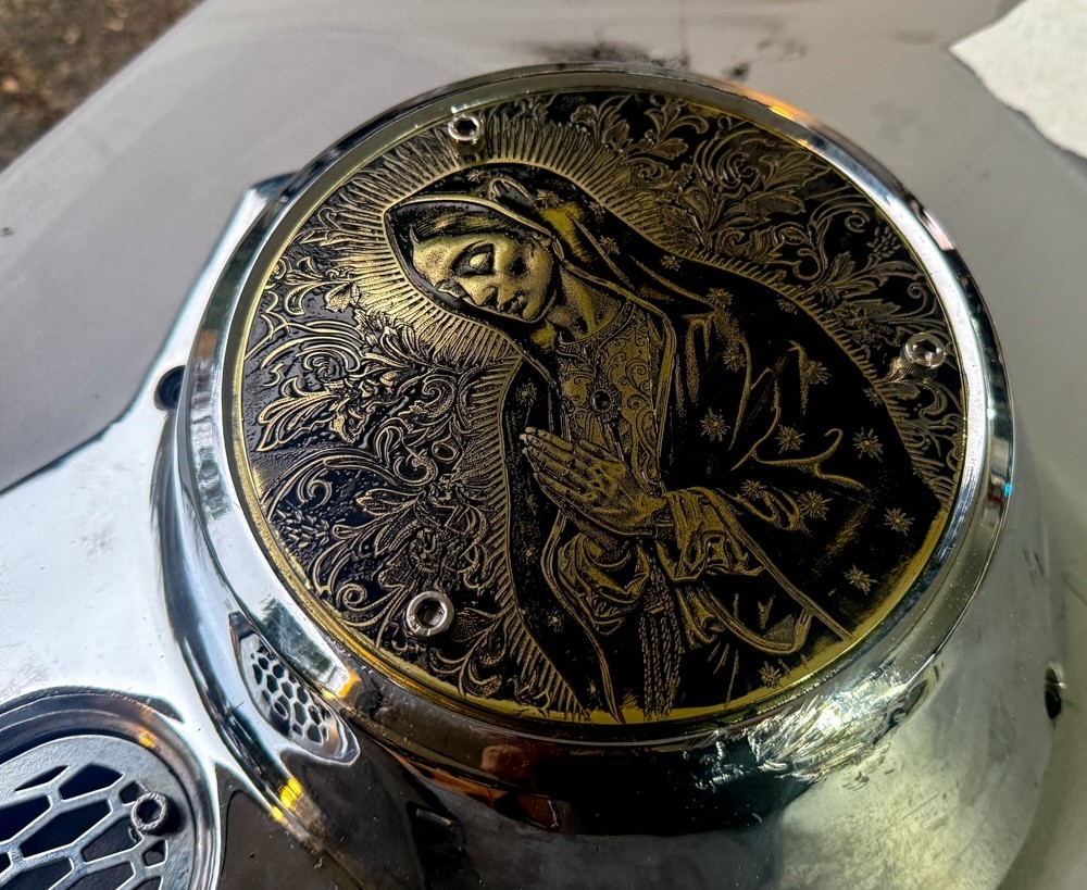 Brass Holy Mother engraved 3 Hole Derby Clutch Cover 1970-1998 EVO Shovelhead