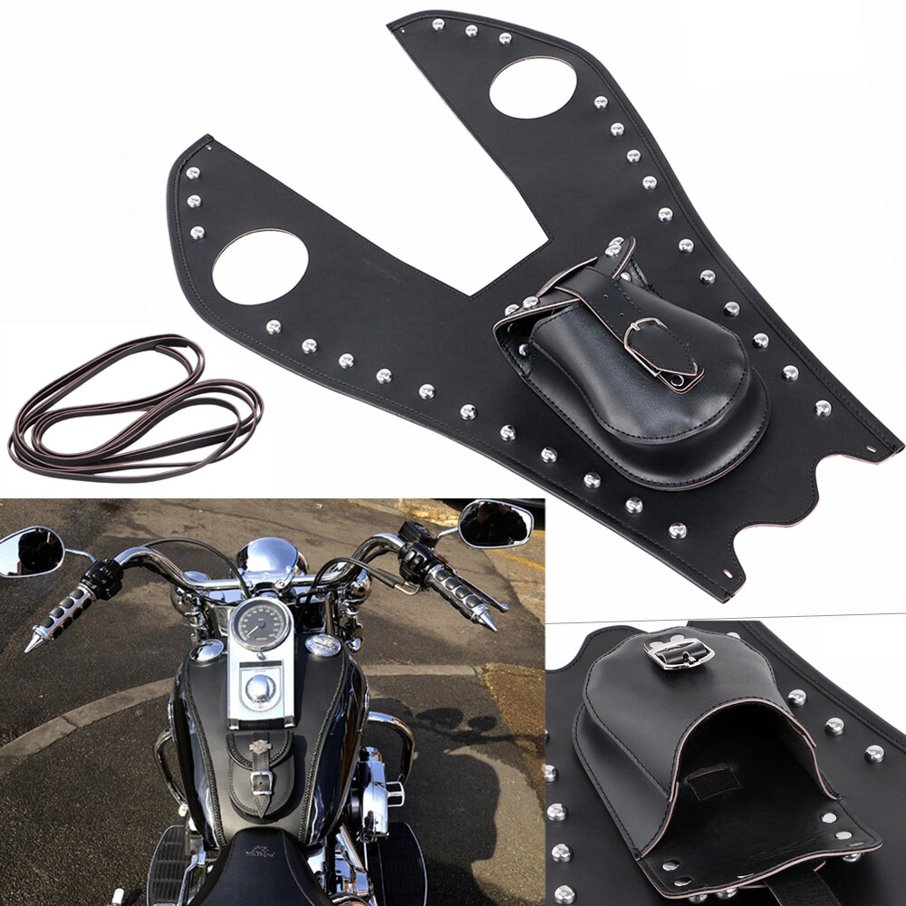Leather Gas Fuel Tank Cover Panel Pad Bib with Pouch Fit For Harley Fatboy FLSTF