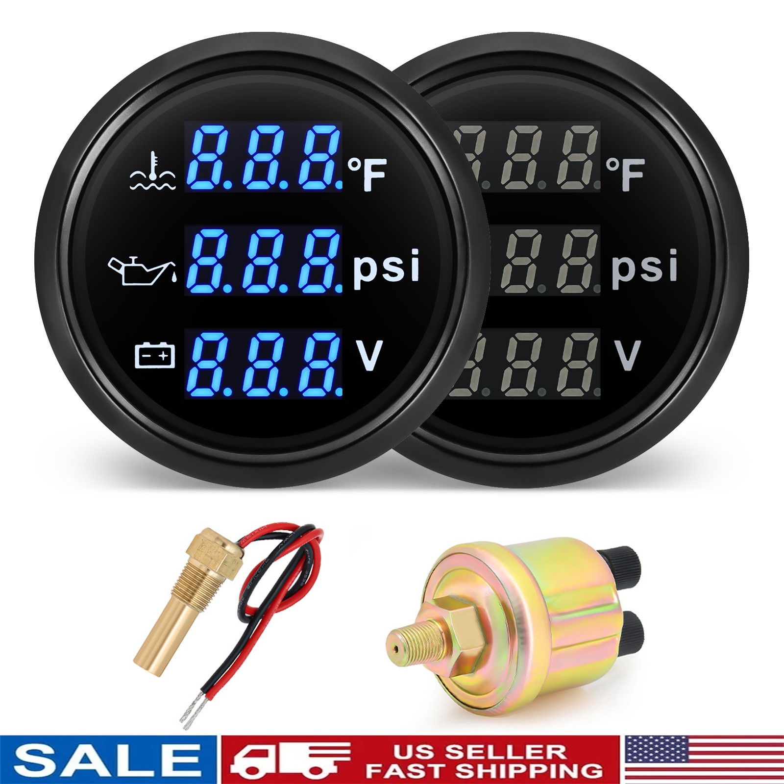 52mm Boat Car 3in 1 Gauge Digital Water Temp Oil Pressure Voltmeter with Senders