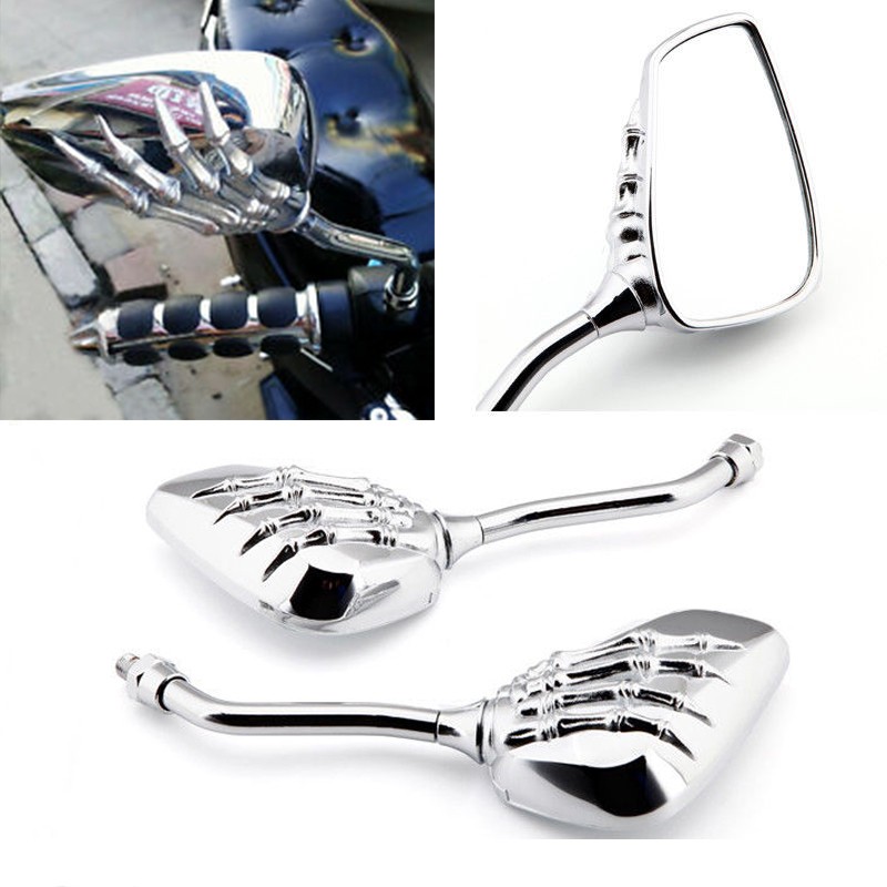 1 Pair of Motorcycle Rear View Mirrors Skull Skeleton Hand 10mm/8mm Screw Thread