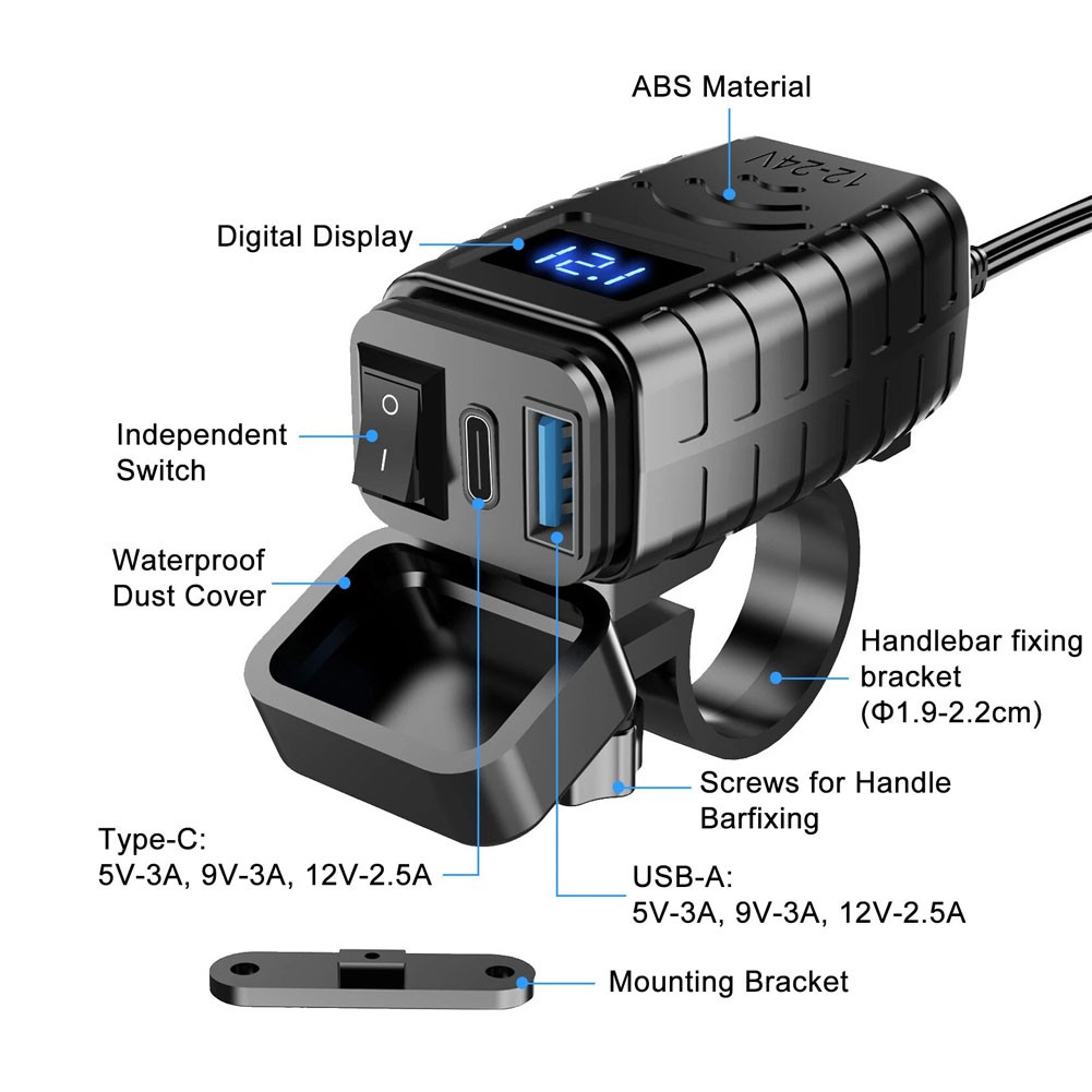 Motorcycle USB Type C Port | 12V Voltmeter QC3.0 Fast Charger for 7/”Handlebar