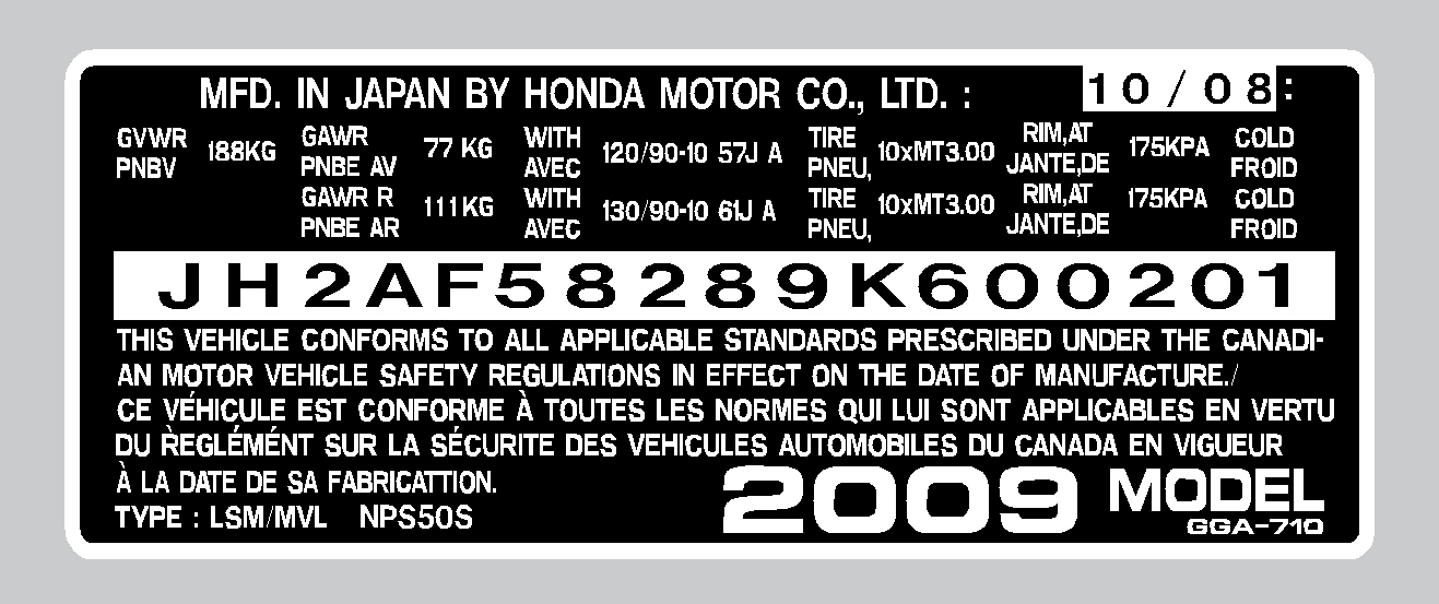HONDA RUCKUS CANADA HEADTUBE TAG / REPRO DECAL