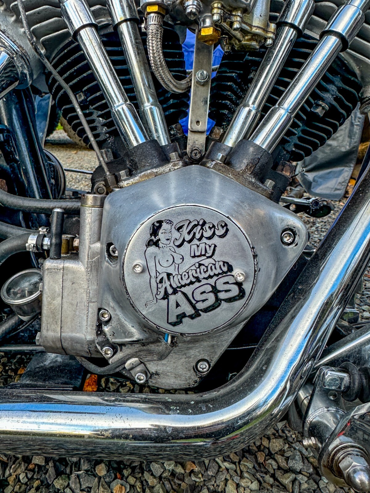 Kiss My American Ass w Titties Evo Shovelhead 2Hole Timing Cover Harley Davidson