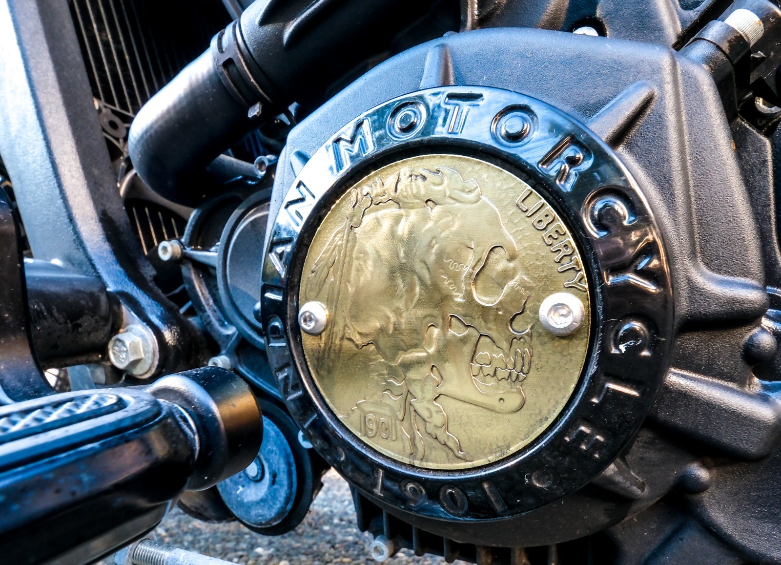 Carved Solid Brass Chief Skull Hobo Nickel Indian Scout Motorcycle Stator Cover