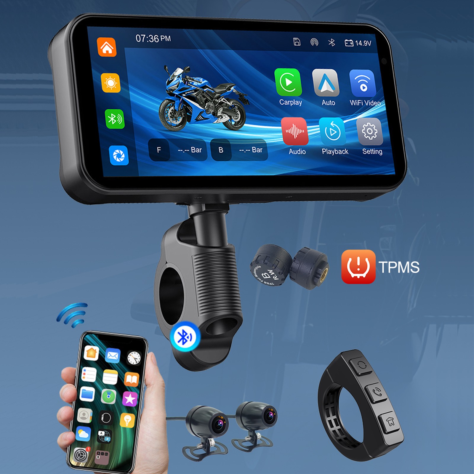 6.25″ IPS Motorcycle GPS Wireless CarPlay Android Auto Navi Audio Receiver + Cam