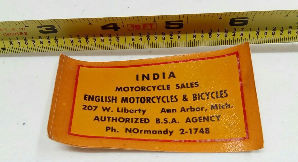 INDIA MOTORCYCLE SALES ANN ARBOR ENGLISH BICYCLES INDIAN DECAL ORIGINAL BSA 1950