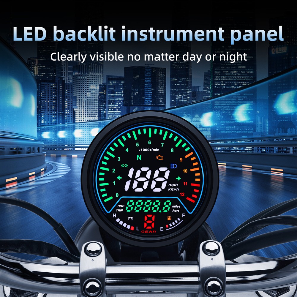 LCD Digital Motorcycle Speedometer Tachometer Odometer Gauge MPH KM/H Universal