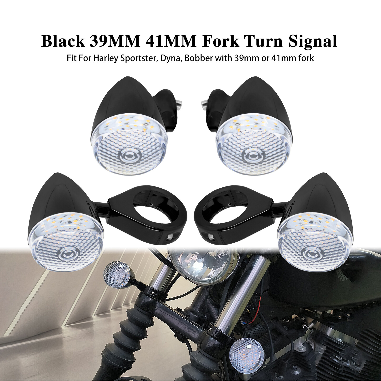 Front Rear LED Turn Signal Amber 39mm 41mm Fork Lights Fit For Harley Sportster