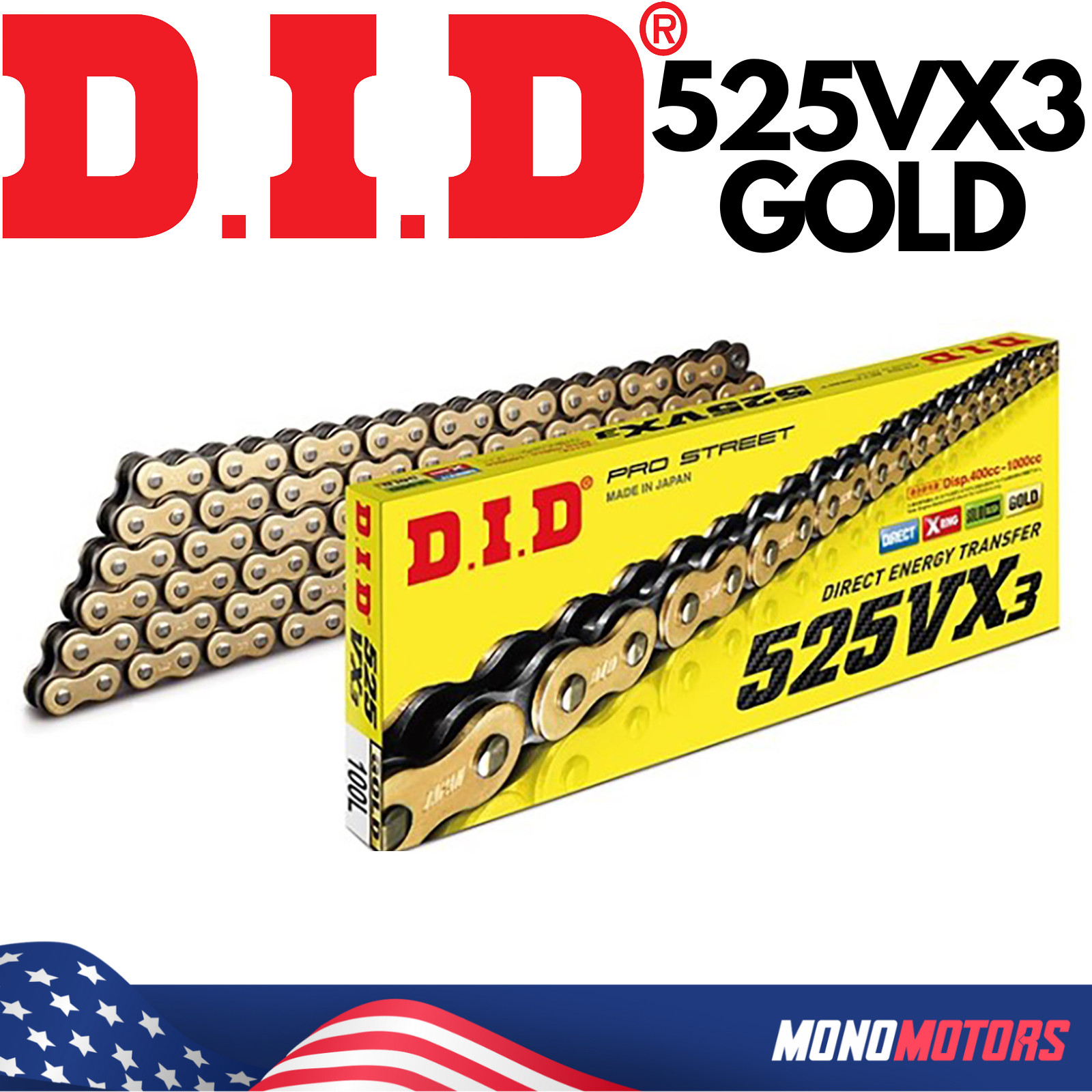 132 LINKS D.I.D DID 525VX3 525 VX3 GOLD CHAIN with Rivet Master Link