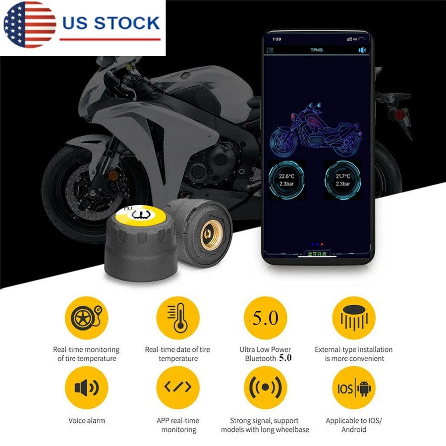 Motorcycle TPMS Tire Pressure Monitor System 2 External Sensor Bluetooth 5.0 USA
