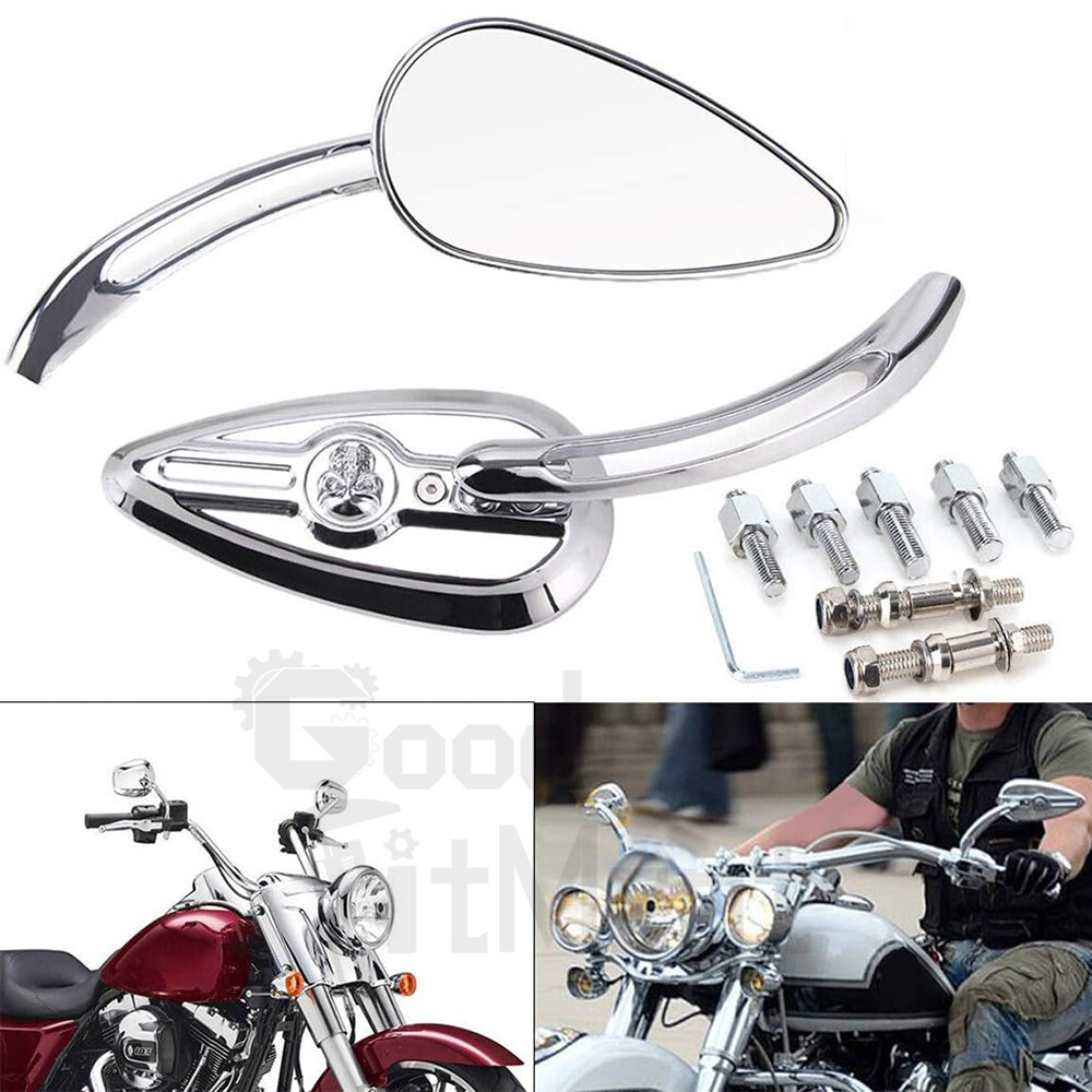 Chrome Teardrop Motorcycle Skull Mirrors Aluminum For Harley Road King Softail