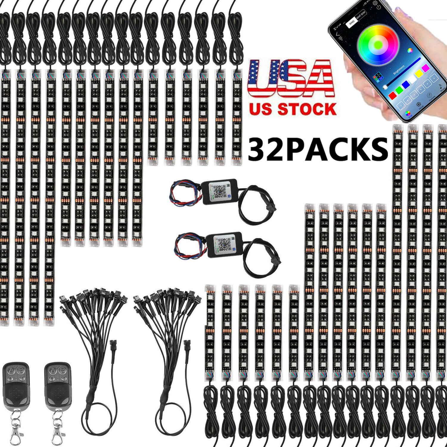 32 PCS Motorcycle RGB LED Strip Light Under Glow Neon Kit Bluetooth APP Control