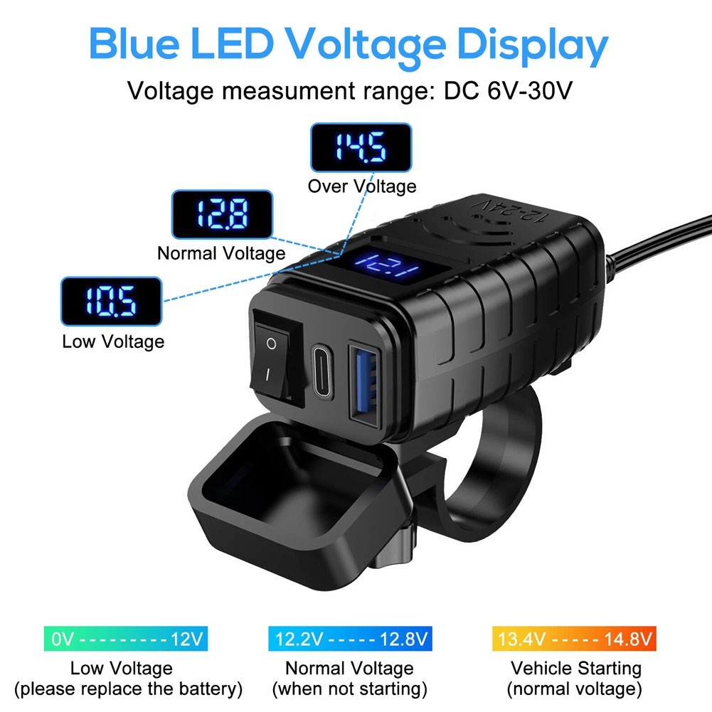 Motorcycle USB Type C Port | 12V Voltmeter QC3.0 Fast Charger for 7/”Handlebar