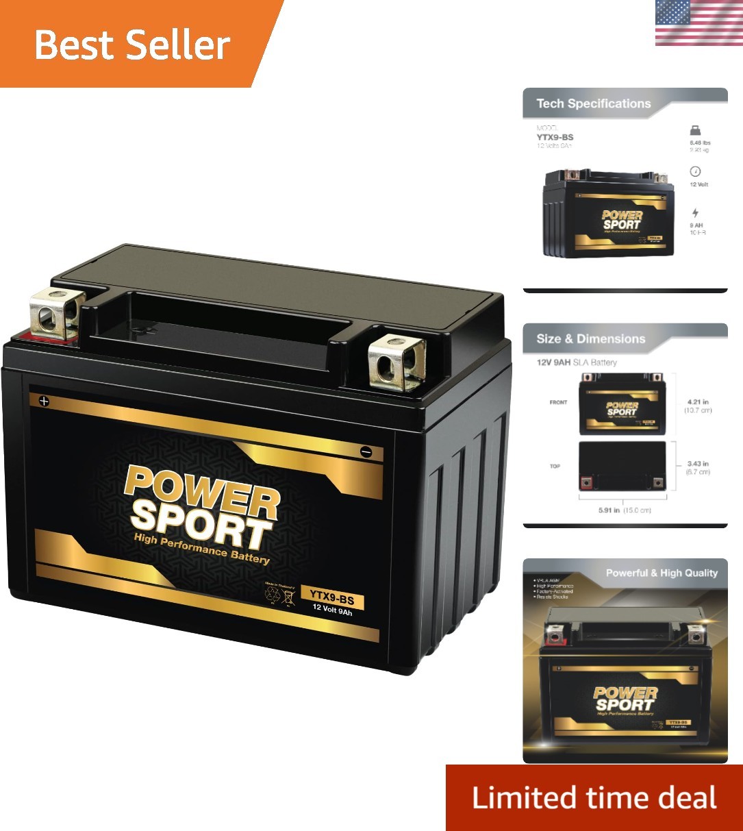 BS ATV Battery Replacement -BS – 180 CCA AGM Motorcycle Battery 12V 9Ah Seale…