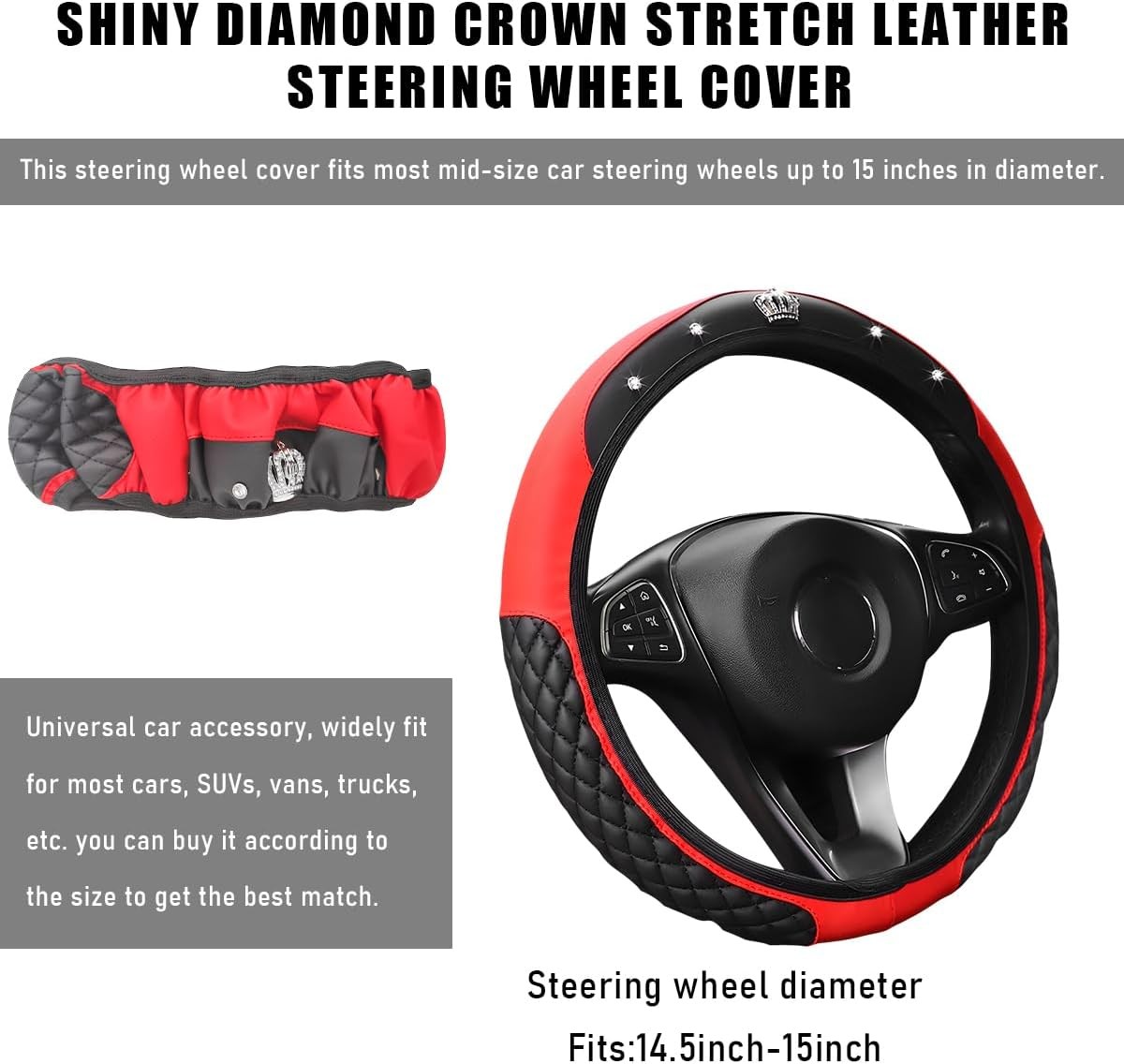 15 Inch Diamond Crown Leather Steering Wheel CoverColor: Red