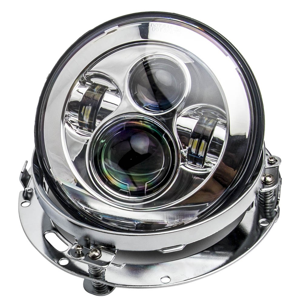 7″ Round Chrome LED Projector Headlight + Passing Lights 6000K-7000K 12V-30V DC
