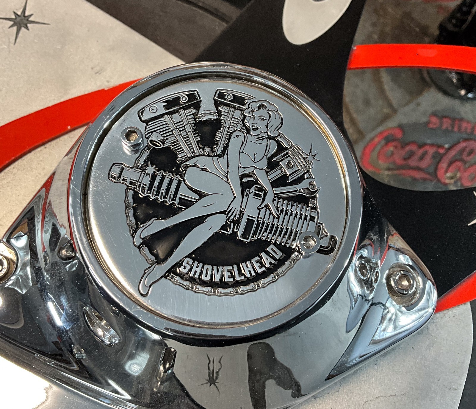 Pinup Polished Aluminum Shovelhead Points Timing timer Cover for Harley Davidson