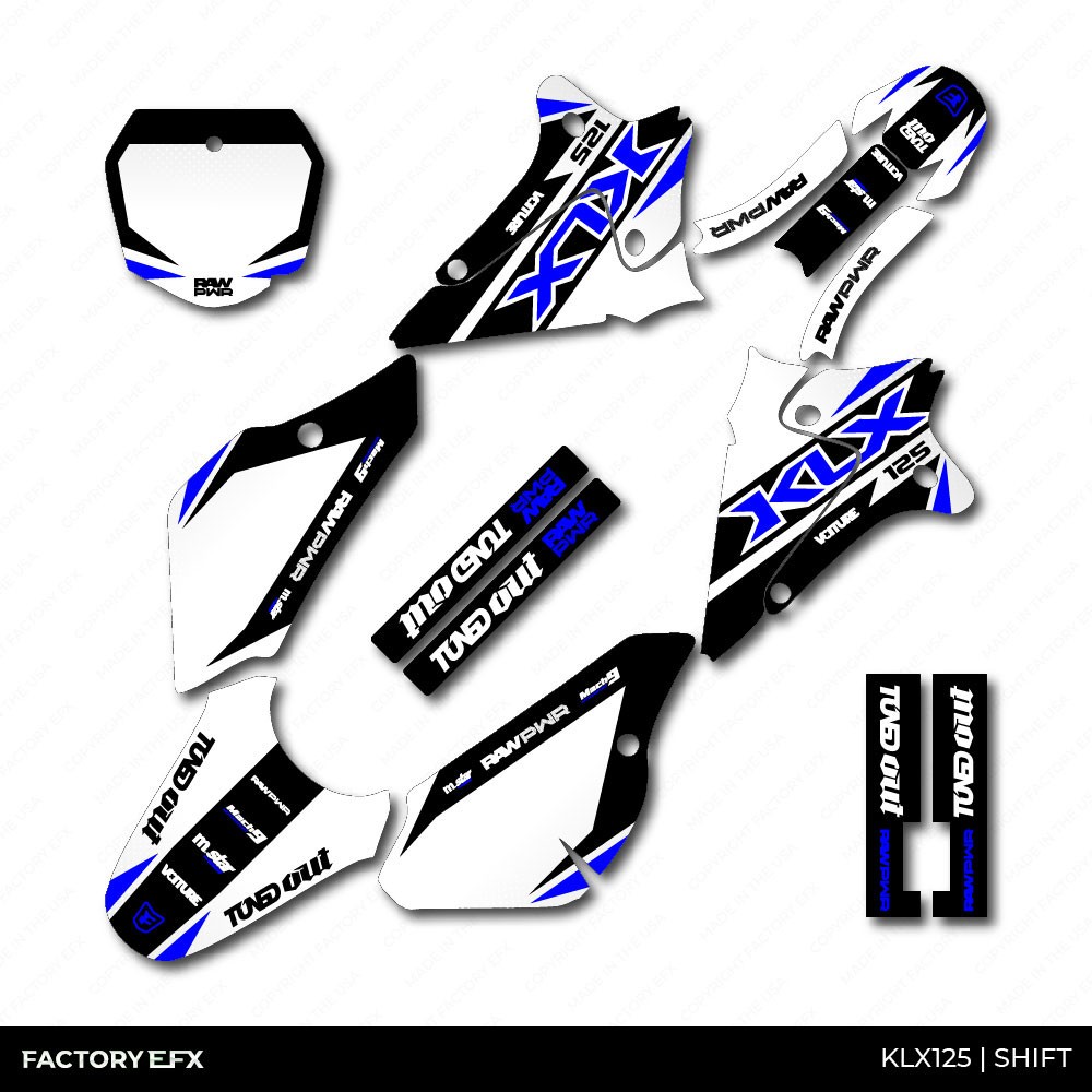 White & Blue Shift Racing Graphics kit fits 03-07 Kawasaki KLX125 KLX 125 decals