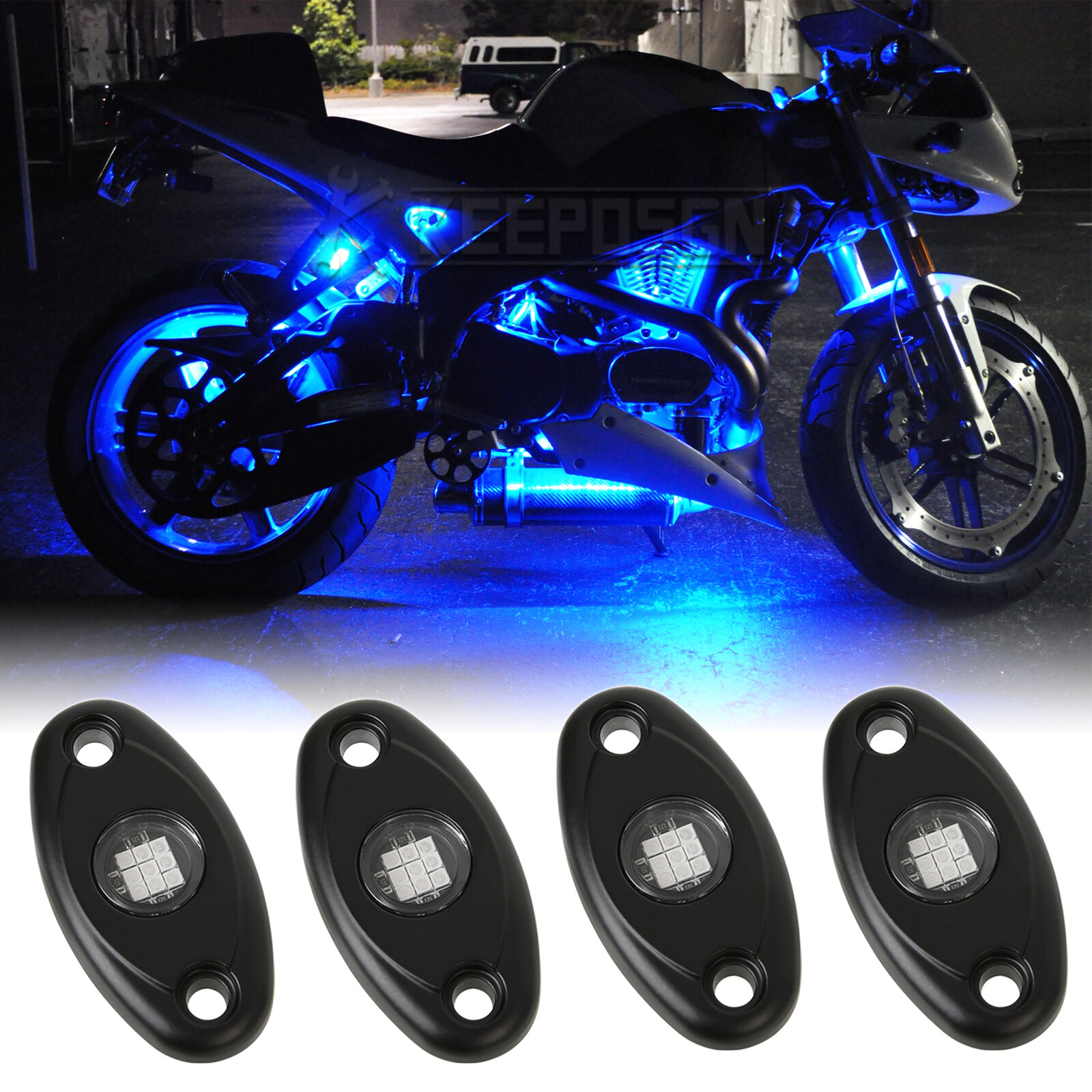 4 Pods Blue LED Underglow Rock Lights For Harley Honda Suzuki Yamaha Kawasaki US