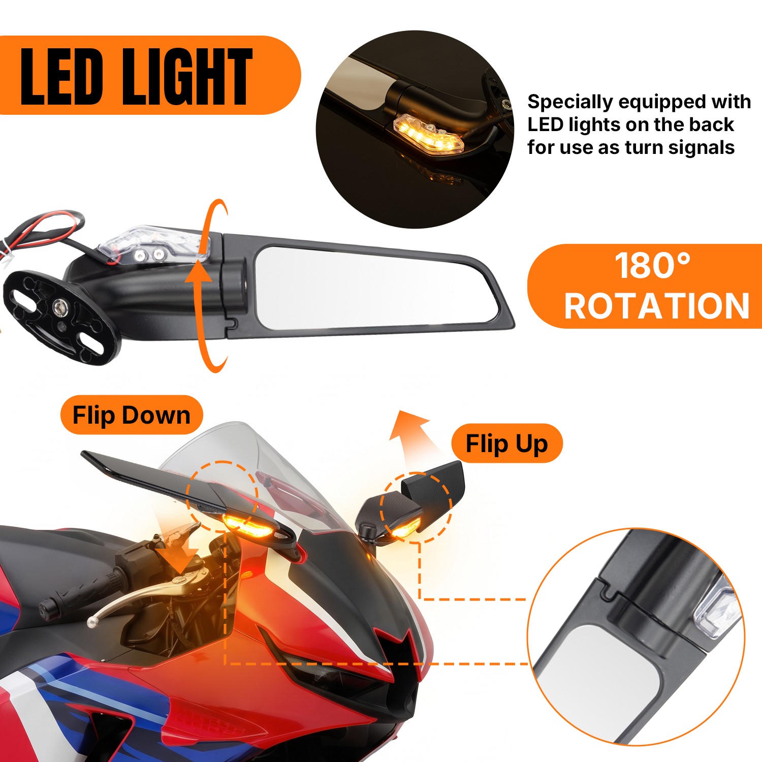 Rearview Wing Mirrors w/ LED Turn Signal Light for Honda CBR1000RR CBR600R 250R