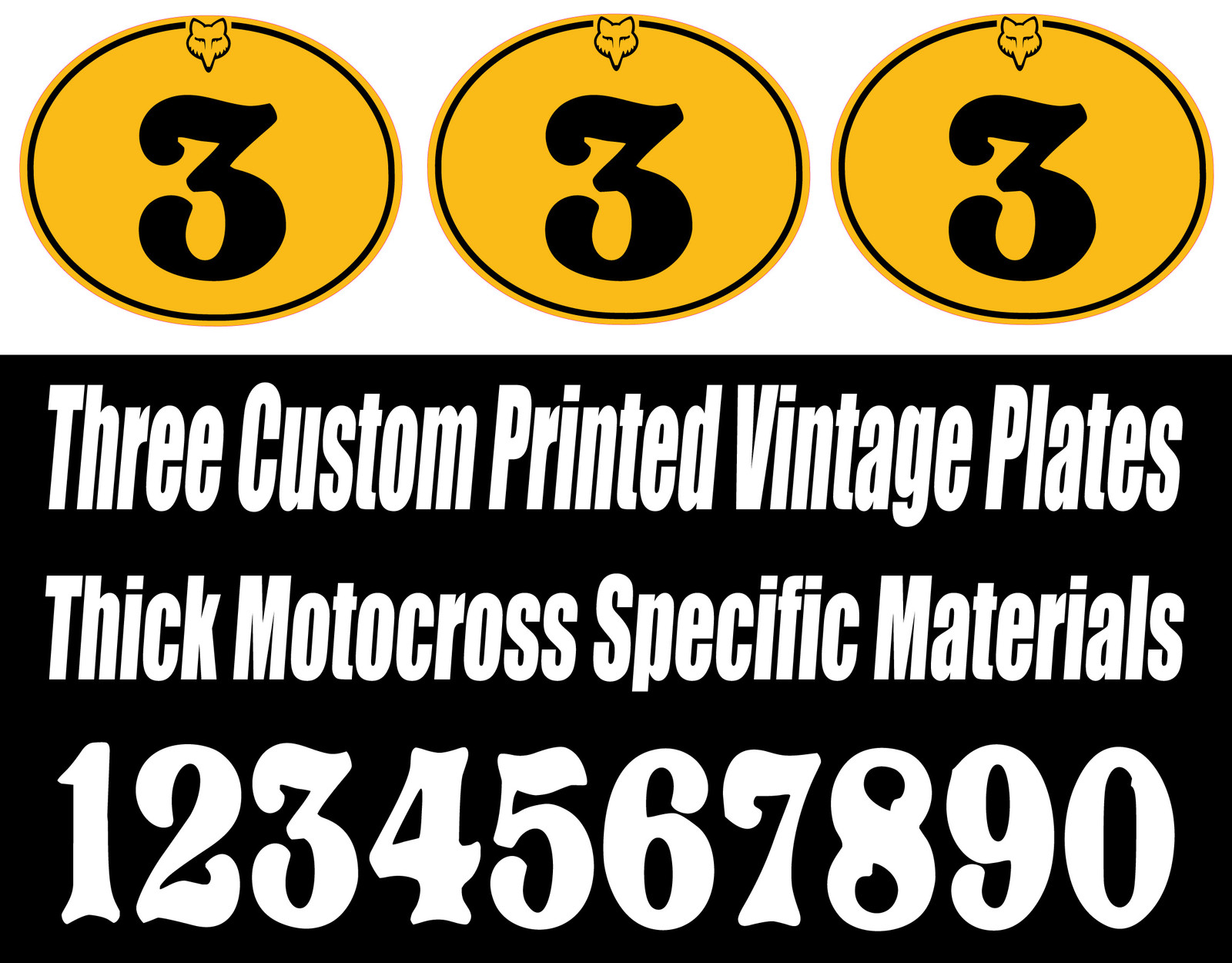 SET OF 3 VINTAGE MOTOCROSS CUSTOM PRINTED VINYL DECAL RACE OVAL NUMBER PLATE