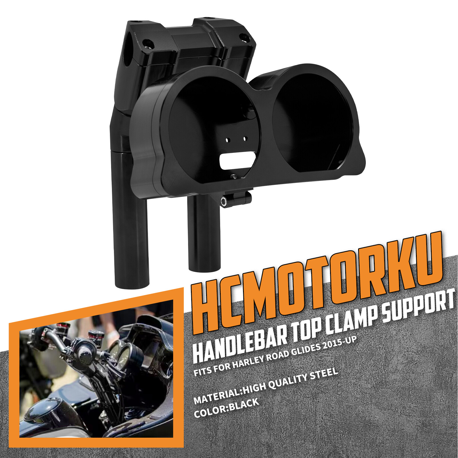 10″Handlebar Clamp Black Risers w/ Gauge Housing For Harley Road Glide 2015-2023