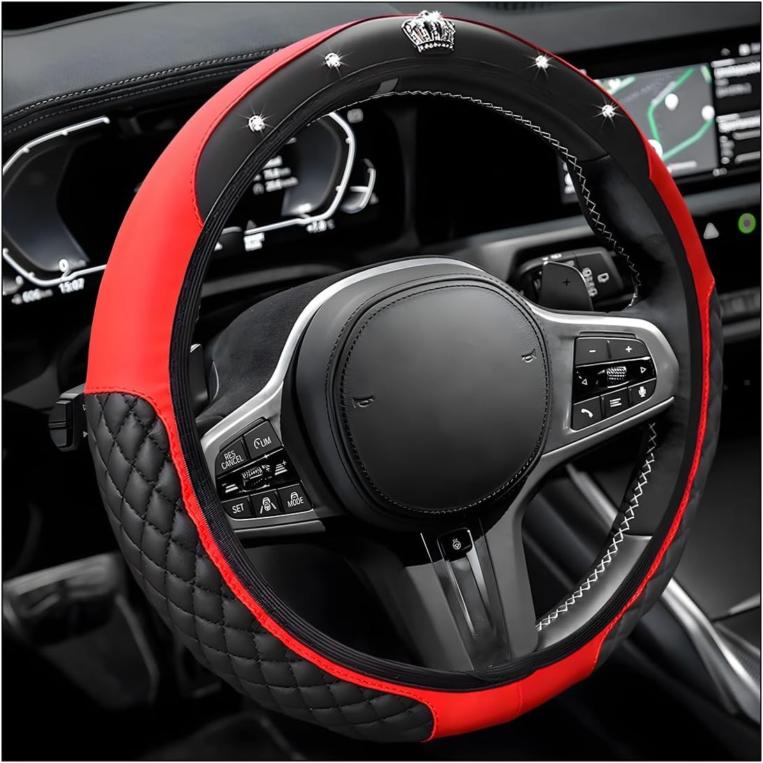 15 Inch Diamond Crown Leather Steering Wheel CoverColor: Red