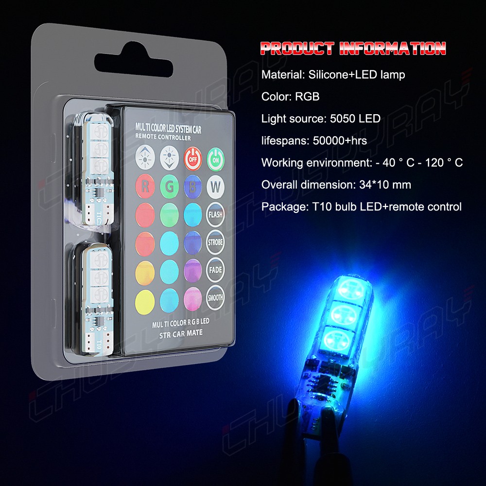 LED T10 Remote Control W5W Wedge RGB Color Changing Car Light Bulbs 6SMD 5050