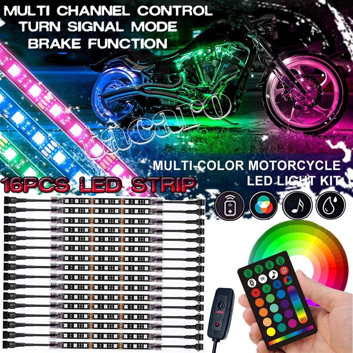 16pcs RGB Motorcycle LED Light Kit Accent Glow Strip For Harley-Davidson Honda