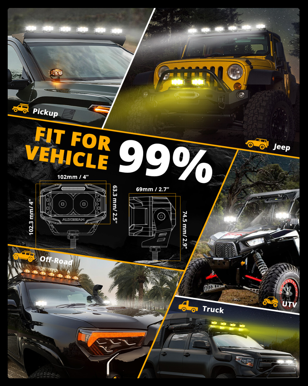 AUXBEAM 4inch 72W LED Driving Combo Pods Fog Ditch Lights Side Shooter Amber DRL