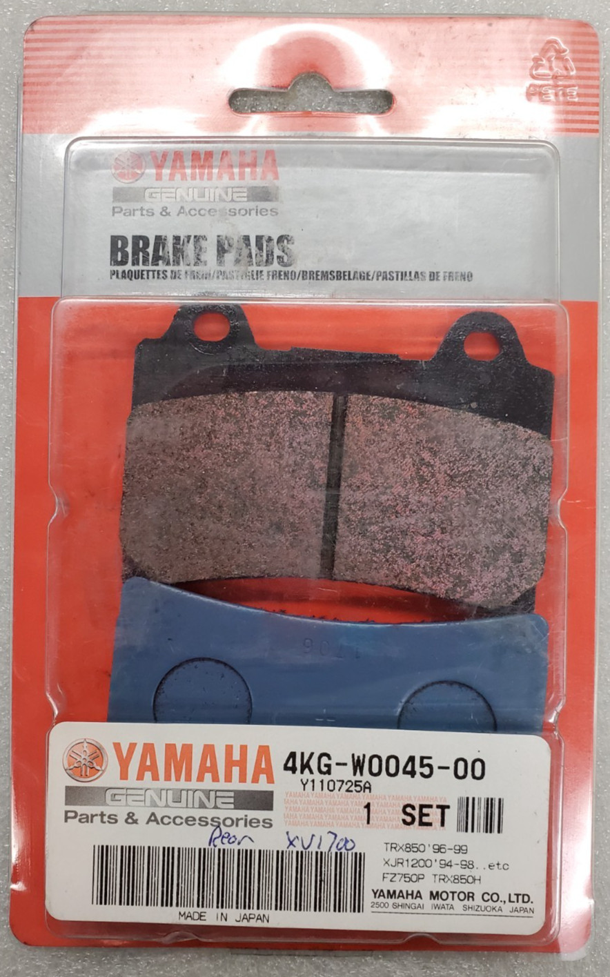 4KG-W0045-00-00 YAMAHA OEM NOS BRAKE PADS 1987-2014 XV,XVZ,FZR,FZ,FJ,TDM,TRX,SRX