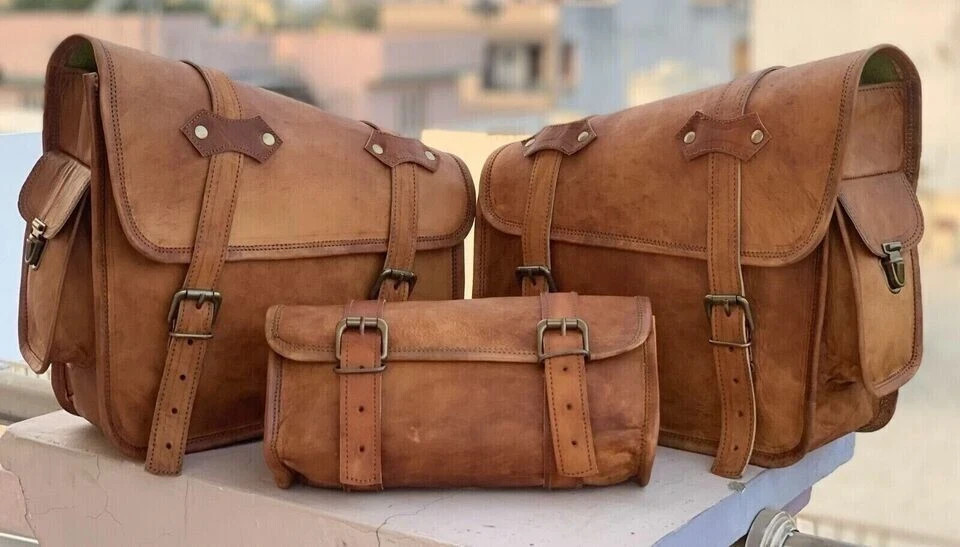 Real Brown Goat Motorcycle Saddle Bag Panniers Tool Pouch Side Bag