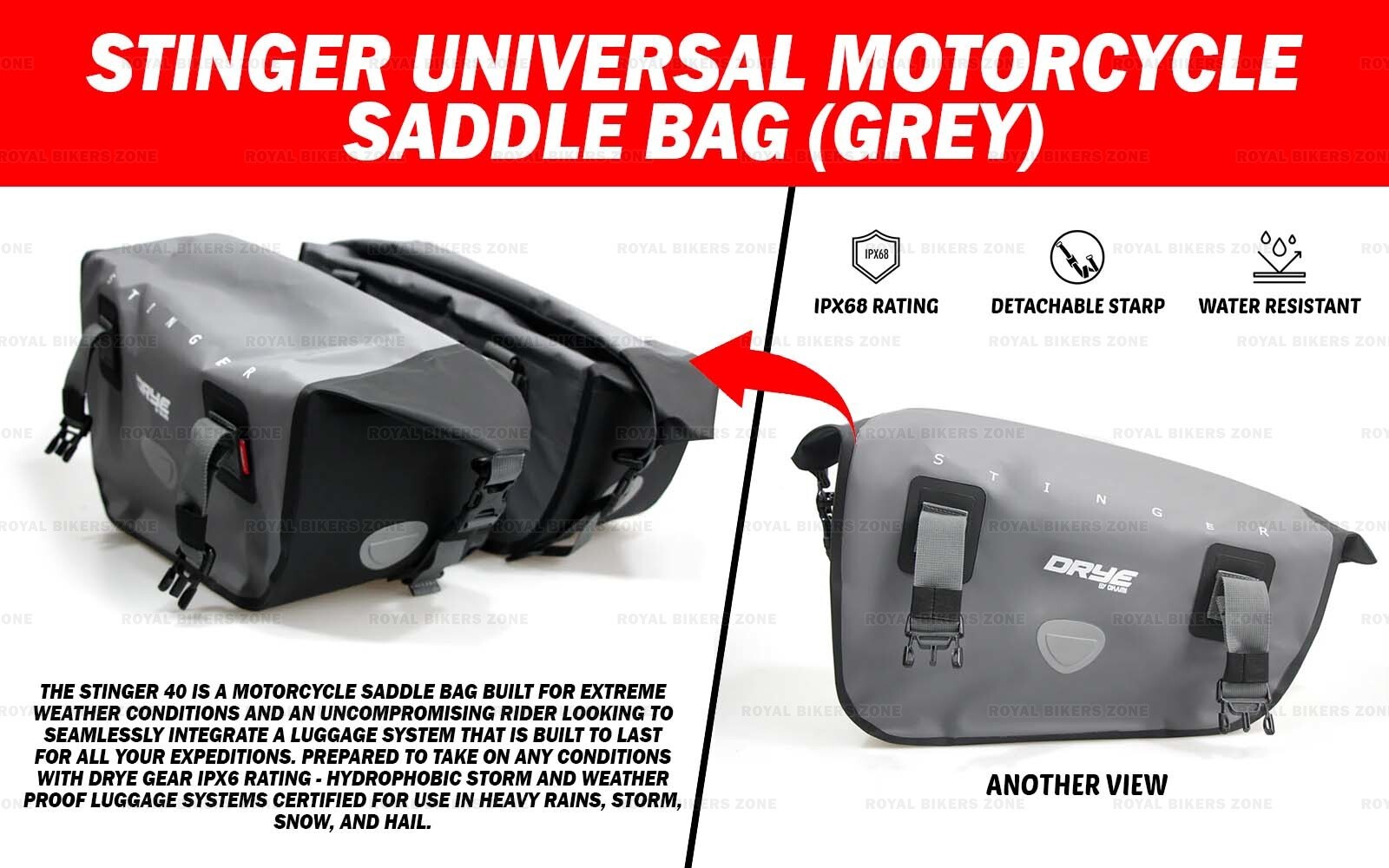 “Stinger Universal Motorcycle 40L IPX6 Waterproof Saddle Bag (Grey)”